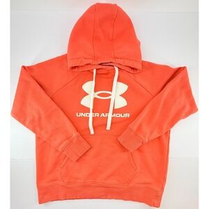 Under Armour Hoodie Mens Medium Orange Big Logo Pullover Sweatshirt Loose Fit